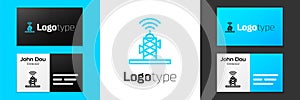 Blue line Wireless antenna icon isolated on white background. Technology and network signal radio antenna. Logo design