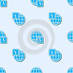 Blue line World time icon isolated seamless pattern on grey background. Clock and globe. Vector