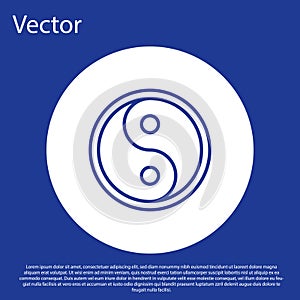 Blue line Yin Yang symbol of harmony and balance icon isolated on blue background. White circle button. Vector