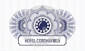 Blue linear rosette. Vector Illustration. Detailed with coronavirus icon and Novel Coronavirus text inside