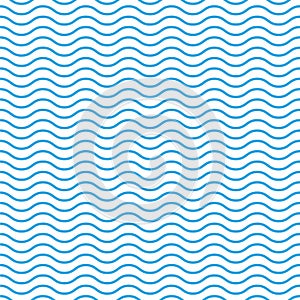 Blue linear wave water seamless pattern. Vector sea background. Repeat simple texture. Simple wavy doodle illustration. Modern