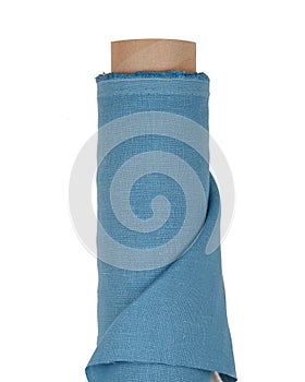 Blue linen fabric in roll isolated