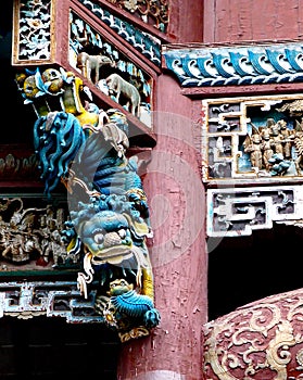 Blue Lion on the column of a Chinese Temple