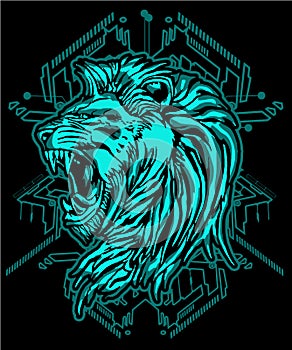 Blue Lion head cyberpunk warrior with sacred geometry background for poster and tshirt design