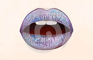 Blue lips, beautiful lip. Lips closeup, mouth close up, lipstick and lipgloss, mouth, lipstick kiss. Cosmetics and