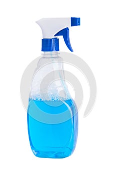 Blue liquid in a bottle for washing windows isolated on white