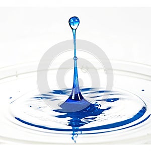 Blue liquid dripping from a container isolated on white background