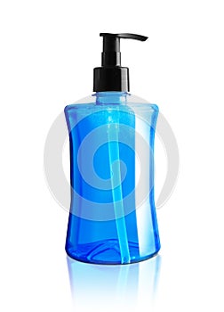 Blue liquid soap in plastic pump bottle