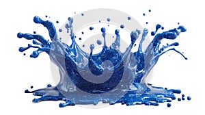 Blue liquid splash exploding outward in dynamic arcs, clean white backdrop