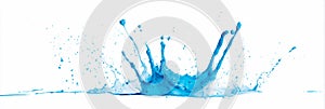 Blue liquid splash exploding outward in dynamic arcs, clean white backdrop