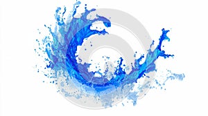 Blue liquid splash exploding outward in dynamic arcs, clean white backdrop