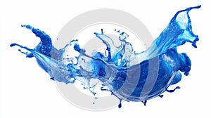 Blue liquid splash exploding outward in dynamic arcs, clean white backdrop