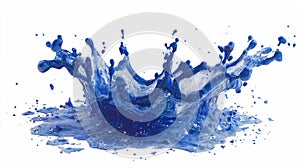 Blue liquid splash exploding outward in dynamic arcs, clean white backdrop