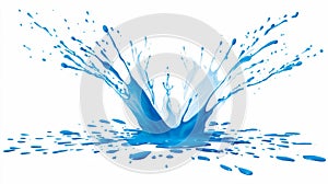 Blue liquid splash exploding outward in dynamic arcs, clean white backdrop