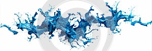 Blue liquid splash exploding outward in dynamic arcs, clean white backdrop