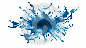 Blue liquid splash exploding outward in dynamic arcs, clean white backdrop