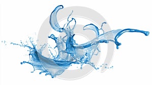 Blue liquid splash exploding outward in dynamic arcs, clean white backdrop