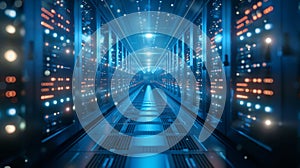 Blue-Lit Data Center With Rows of Servers