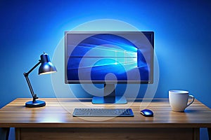 Blue-lit desktop computer, keyboard, mouse, lamp, mug, night work