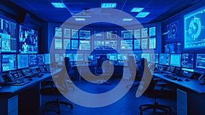 Blue Lit Modern Control Room with Multiple Monitors and Workstations