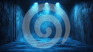 Blue-lit smoky concrete room, stage background, design