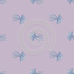 Blue little jellyfishes seamless hand drawn pattern. Stylized marine artwork with soft purple background