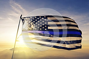 Blue Lives Matter american stars flag textile cloth fabric waving on the top sunrise mist fog