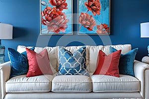 a blue living room with a dark blue wall