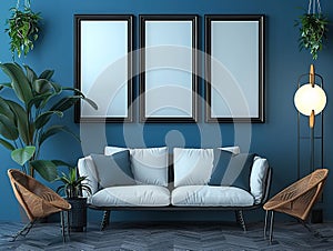 Blue living room interior with sofa, chairs, plants and three blank frames on the wall