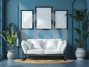 Blue living room interior with white sofa, plants, and blank frames on the wall