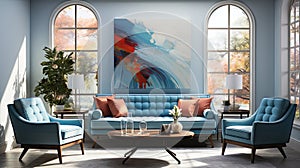 A blue living room with a large painting on the wall