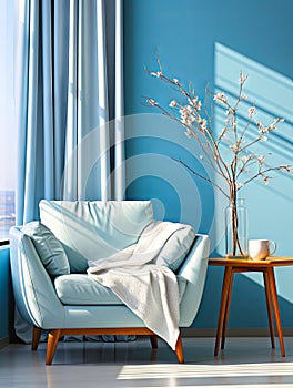 A Blue Living Room With a White Couch