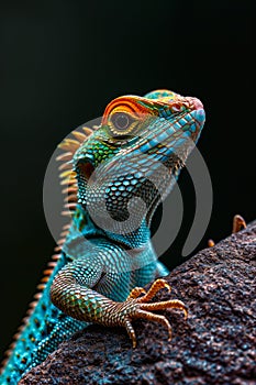 Blue lizard with orange eyes sits on rock. Generative AI