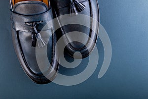 Blue loafer shoes on blue background. One pair. Top view.