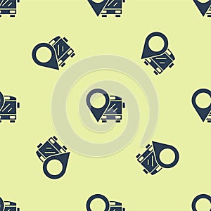 Blue Location with bus icon isolated seamless pattern on yellow background. Transportation concept. Bus tour transport