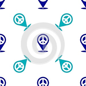 Blue Location peace icon isolated seamless pattern on white background. Hippie symbol of peace. Vector