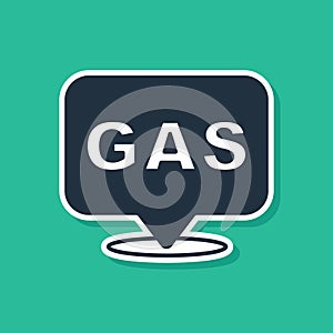 Blue Location and petrol or gas station icon isolated on green background. Car fuel symbol. Gasoline pump. Vector