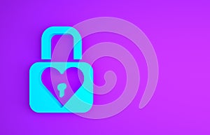 Blue Lock and heart icon isolated on purple background. Locked Heart. Love symbol and keyhole sign. Valentines day
