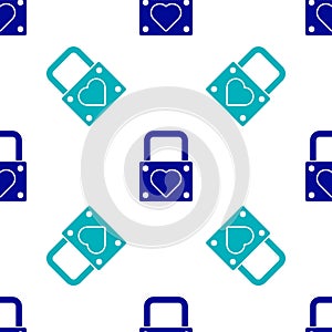 Blue Lock and heart icon isolated seamless pattern on white background. Locked Heart. Love symbol and keyhole sign