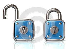 Blue lock and unlock padlock 3d illustration