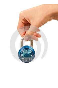 Blue locked Master Combination Dial lock in hand