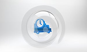 Blue Logistics delivery truck and clock icon isolated on grey background. Delivery time icon. Glass circle button. 3D