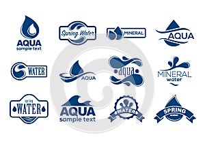 Blue logos set. Label for mineral water. Aqua icons collection.