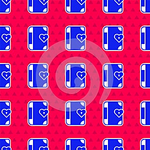 Blue Love diary notebook album icon isolated seamless pattern on red background. Happy Valentines day. Vector