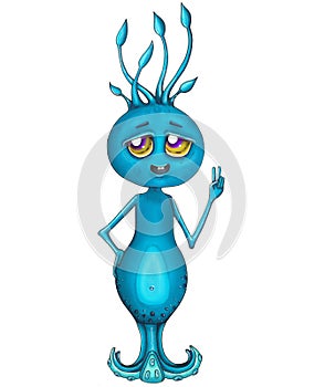 Blue lovely monster with feelers and big eyes isolated