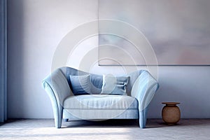 Blue loveseat sofa and big poster on the wall. Interior design of modern living room. Created with generative AI photo