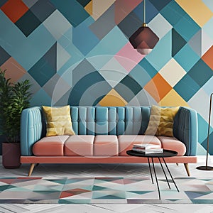 Blue loveseat sofa and side tables of colorful square patterned wall