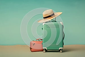 Blue luggage bag, sunglasses and beach hat. Vacation and departure on a trip.