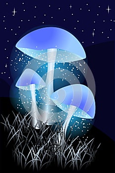 Blue Luminous mushrooms in the night with grass