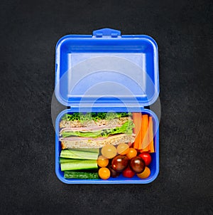 Blue Lunch Box with Sandwich and Vegetables